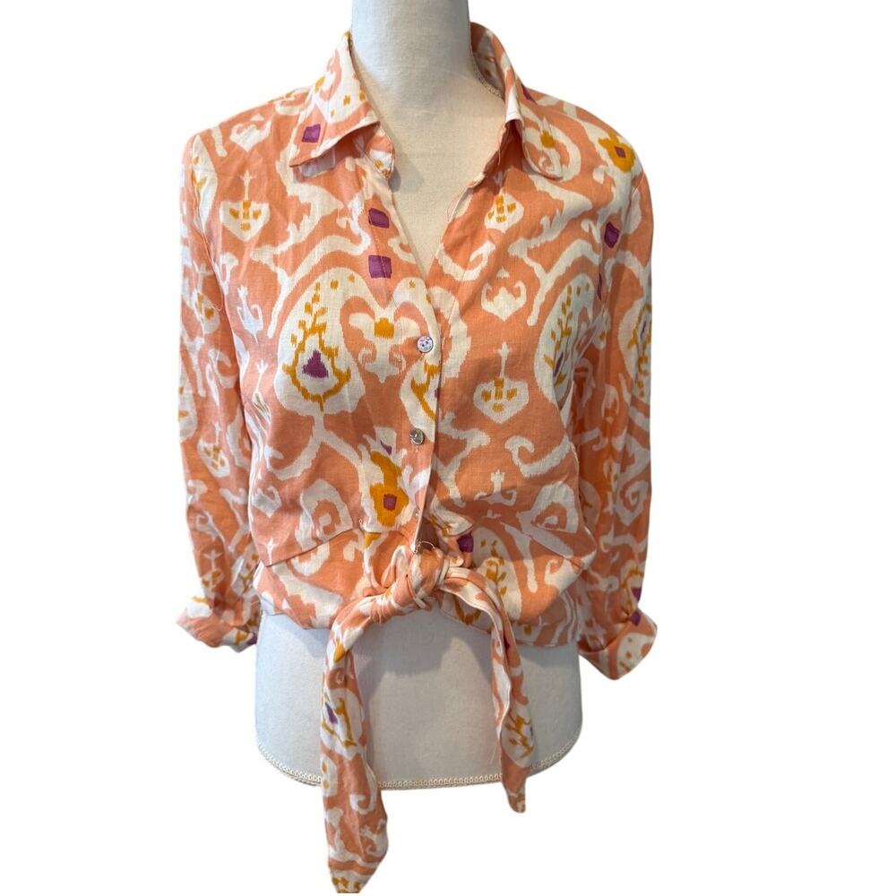 Christian Siriano Tie Front Linen Blend Top Peach Ikat Print M